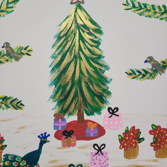 Christmas Peacock Original Painting Winter Artwork Christmas Wall Art - Picture 2 of 7